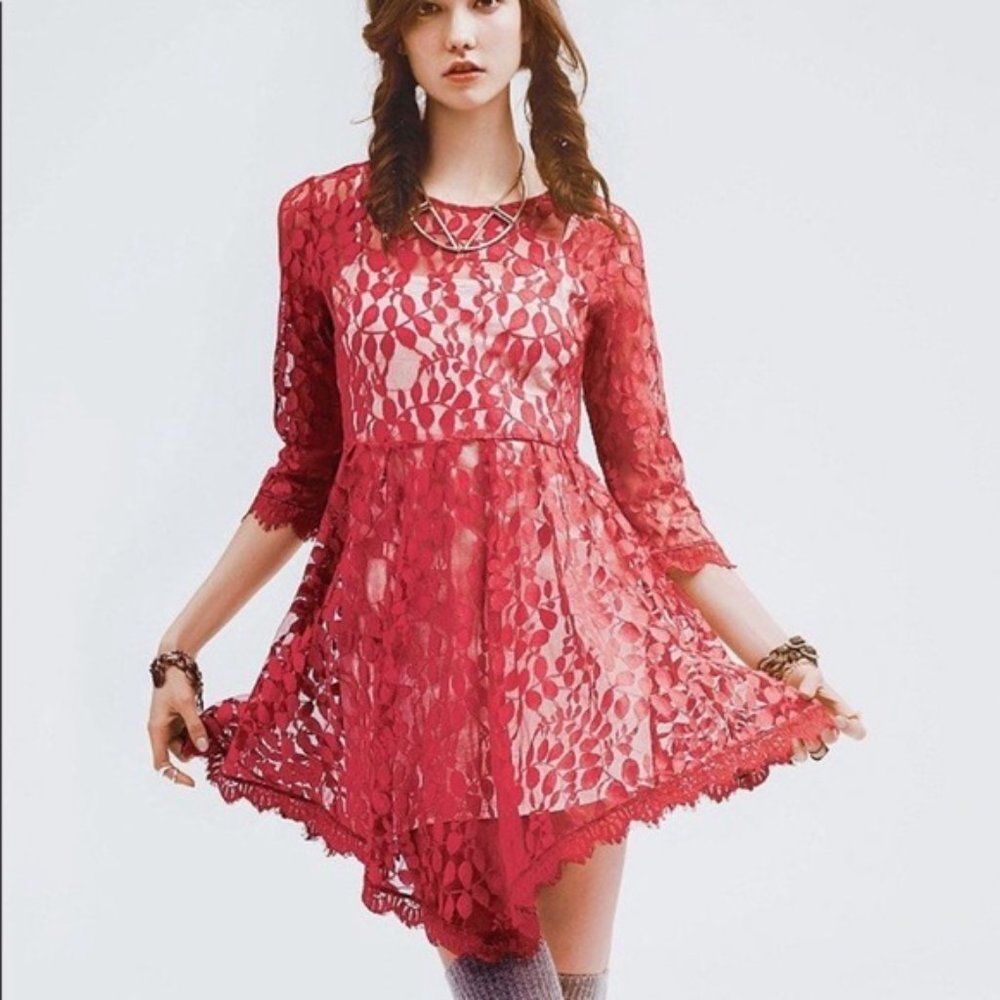 Free People Red Lace Leaf Print Dress (Size 0)